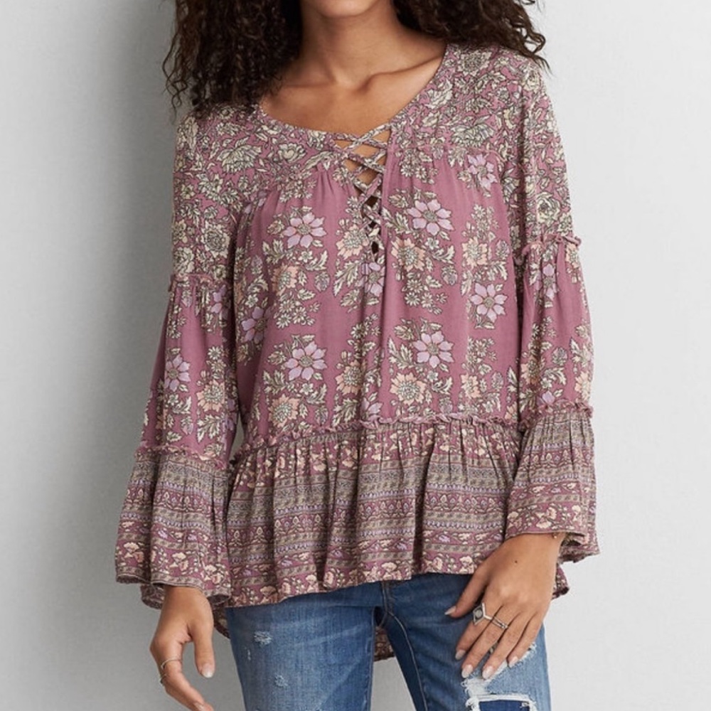 AMERICAN EAGLE OUTFITTERS AEO CUTOUT Floral Tunic Bell Sleeve Tiered Ruffled… - Picture 8 of 16